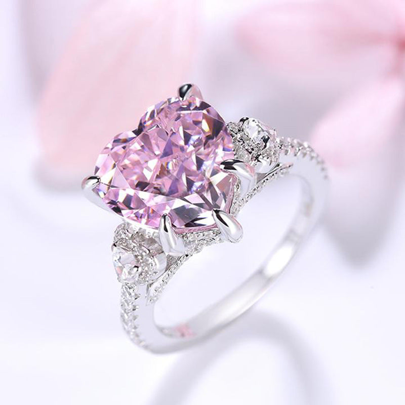 S925 Silver Sweat-heart Pink Crystal Rings