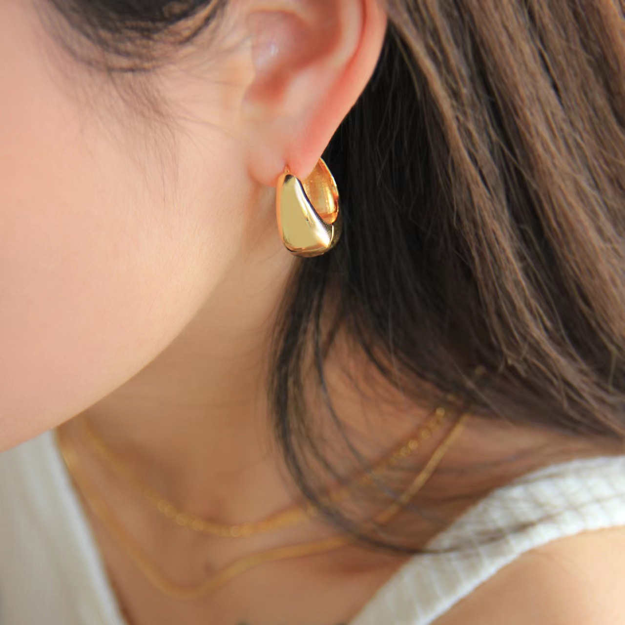 Chunky Hoop Earrings in 18K Gold Plated and Silver | Teardrop Gold Huggie Earrings and Sliver Huggie Earrings