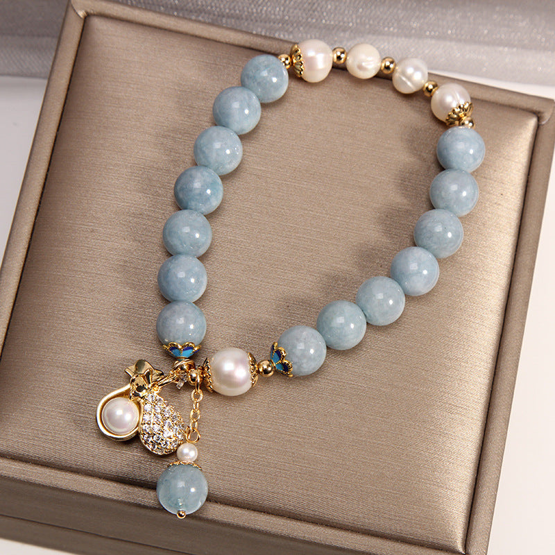 Mother's Day Gift Choice Aquamarine Jade Freshwater Cultured Pearl Bracelet with Sterling Silver Clasp