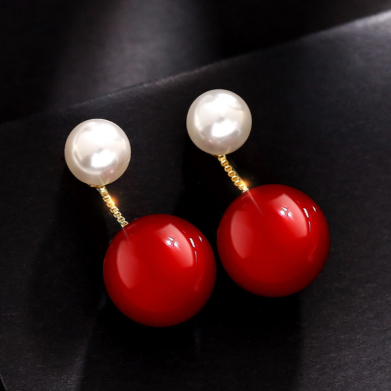 Round Red Pearl Dangle Drop Earrings for Women in 14K Gold Over Sterling Silver(12mm)