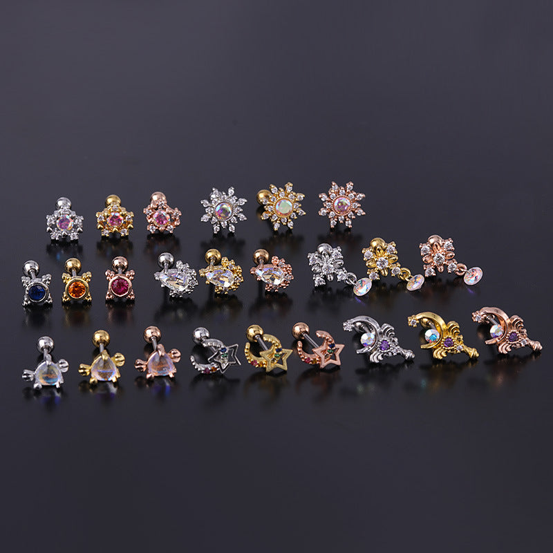 20G Gold Ear Studs Titanium Internally Threaded Double Gem Single Cartilage Earring Crystal Ear Stud Body Jewelry