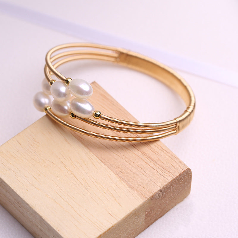 Cultured Freshwater Pearl Bangle Bracelet in 14k Gold Over Sterling Silver 7