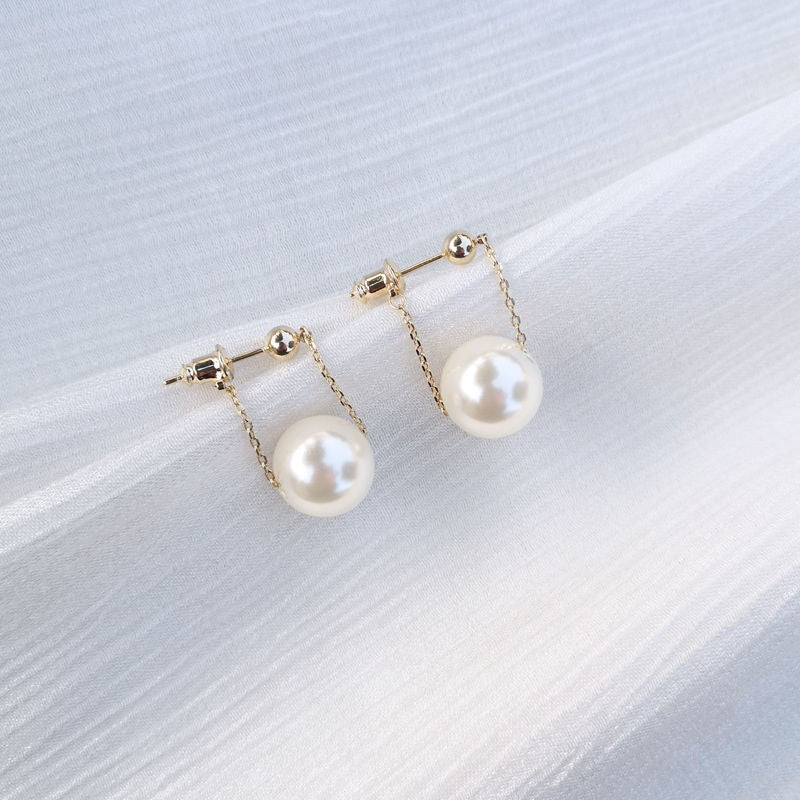 White Round Shell Pearl Dangle Drop Earrings for Women in 14K Gold Over Sterling Silver(11mm)