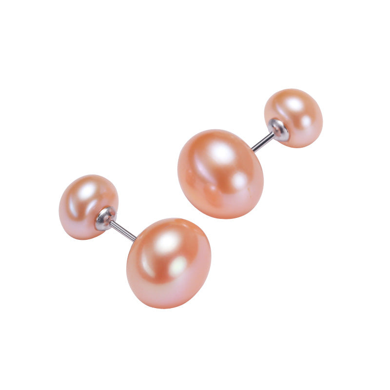 Freshwater AAA 2-Pearl Design Cultured Real Pearl Stud Earrings in Sterling Silver(7-10mm)Huge Tomato