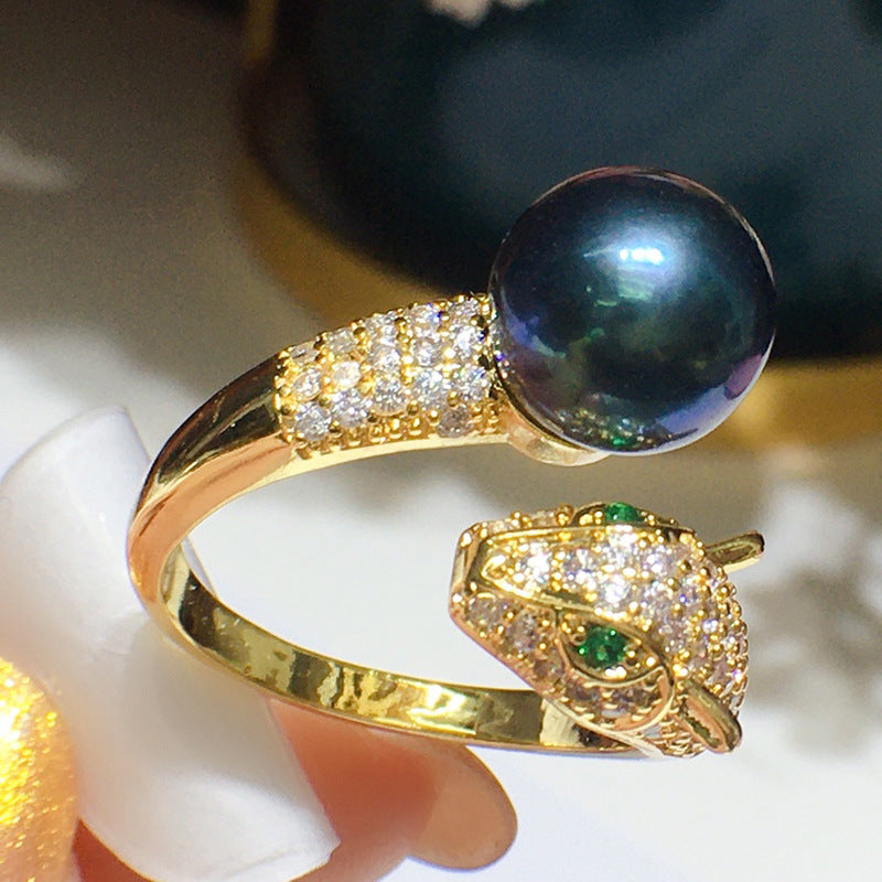 Leopard Freshwater Pearl Ring AAA Pearl Adjustable Ring in 14K Gold Over Sterling Silver