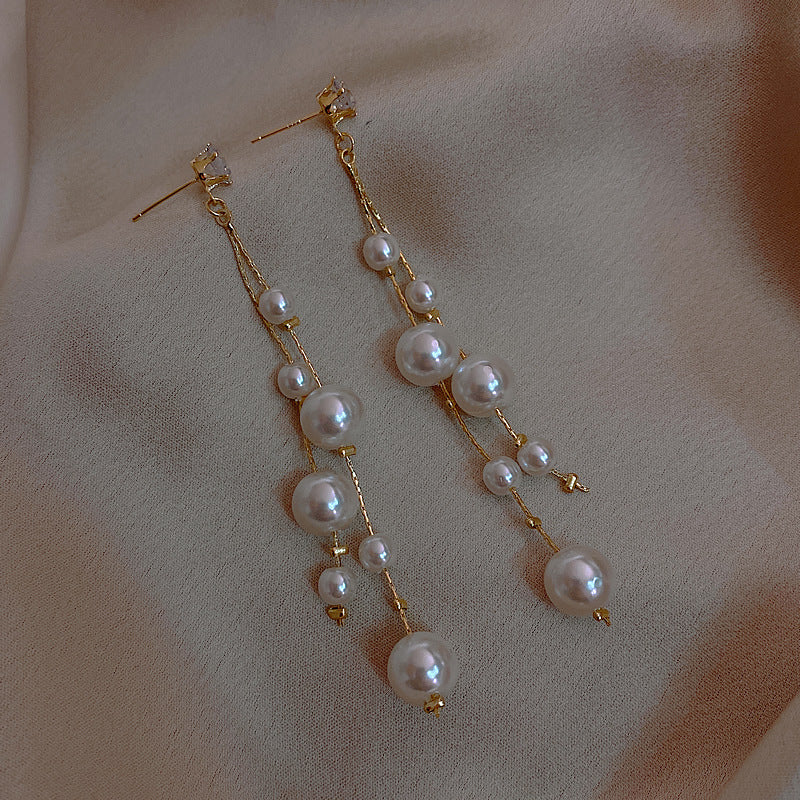 Long Pearl Dangle Earrings Diamond Stud with Pearl Tassel Drop Earrings with Silver Pin