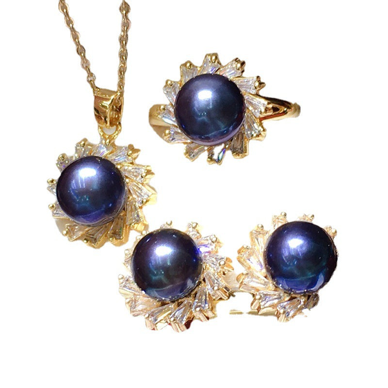 Black Pearl Jewelry Set Real Pearl Earrings Pearl Ring and Pearl Pendant | Freshwater Pearl Diamond Set for Women