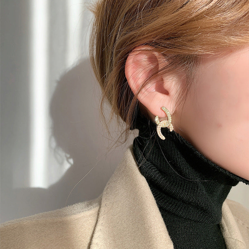 14K Gold Plated Crystal Earrings Studs with Pearl Drop Designer Double C Earrings Silver Pin