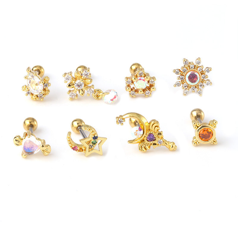 20G Gold Ear Studs Titanium Internally Threaded Double Gem Single Cartilage Earring Crystal Ear Stud Body Jewelry