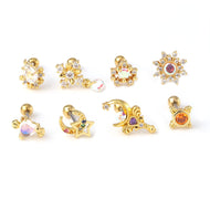 20G Gold Ear Studs Titanium Internally Threaded Double Gem Single Cartilage Earring Crystal Ear Stud Body Jewelry