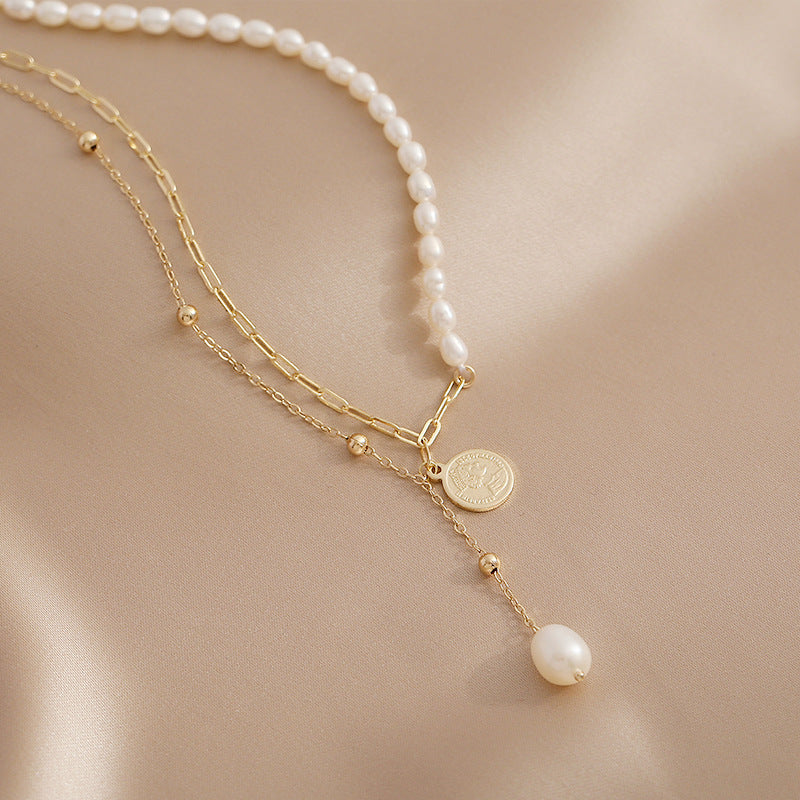 Designed Cultured Freshwater Pearl Pendant Double Strand Necklace with 18K Gold Over Sterling Silver
