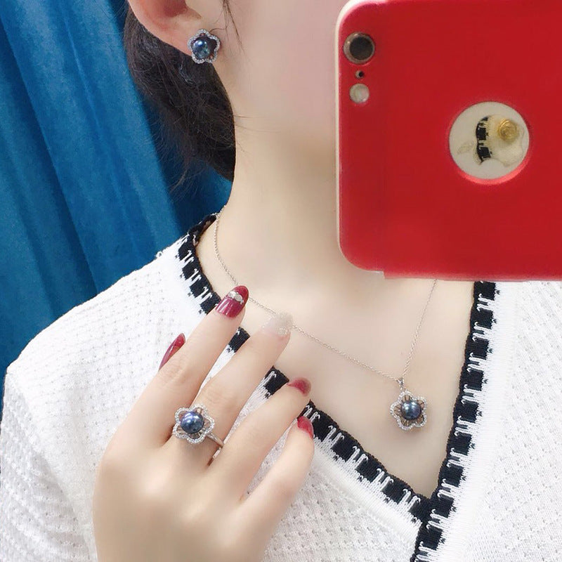 Black Pearl Jewelry Set | Real Pearl Earrings Pearl Ring and Pearl Pendant | AAA Pearl Diamond Set for Women