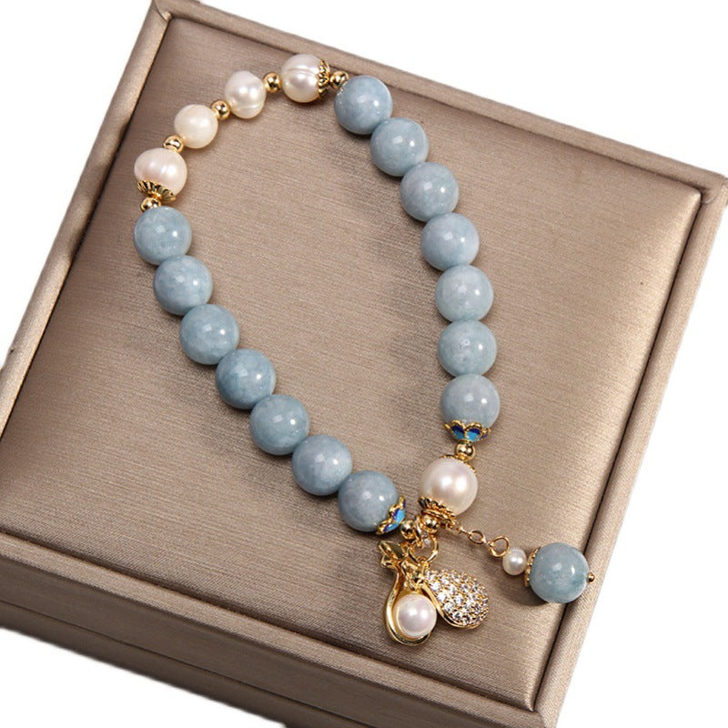Mother's Day Gift Choice Aquamarine Jade Freshwater Cultured Pearl Bracelet with Sterling Silver Clasp