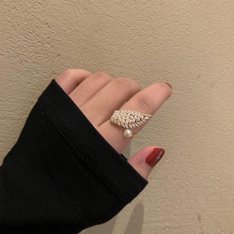 Wing Pearl Ring Adjustable Size Gold Open Ring in 14K Gold Over Sterling Silver