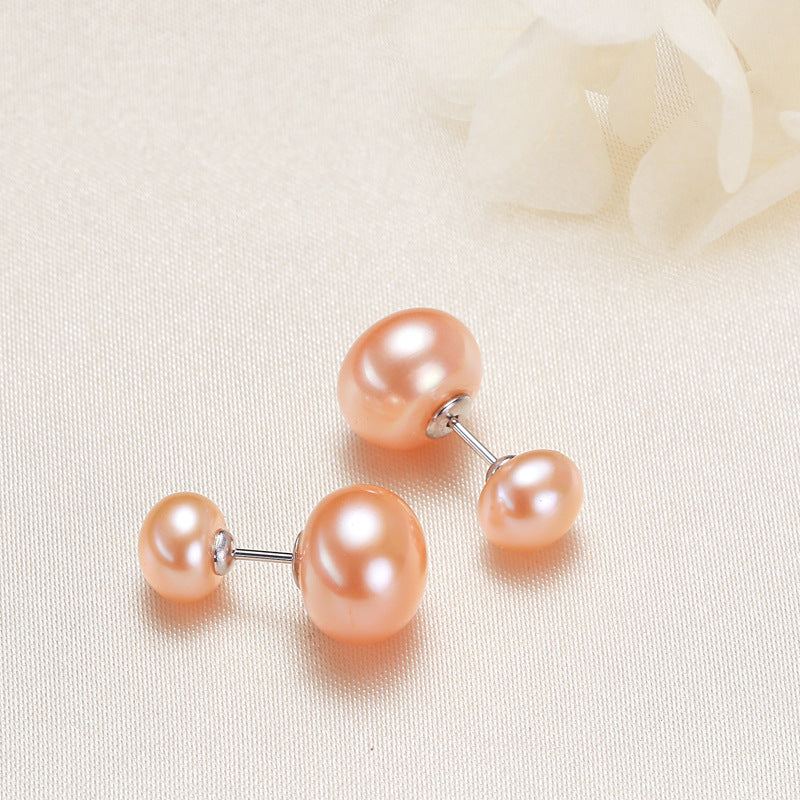 Freshwater AAA 2-Pearl Design Cultured Real Pearl Stud Earrings in Sterling Silver(7-10mm)Huge Tomato