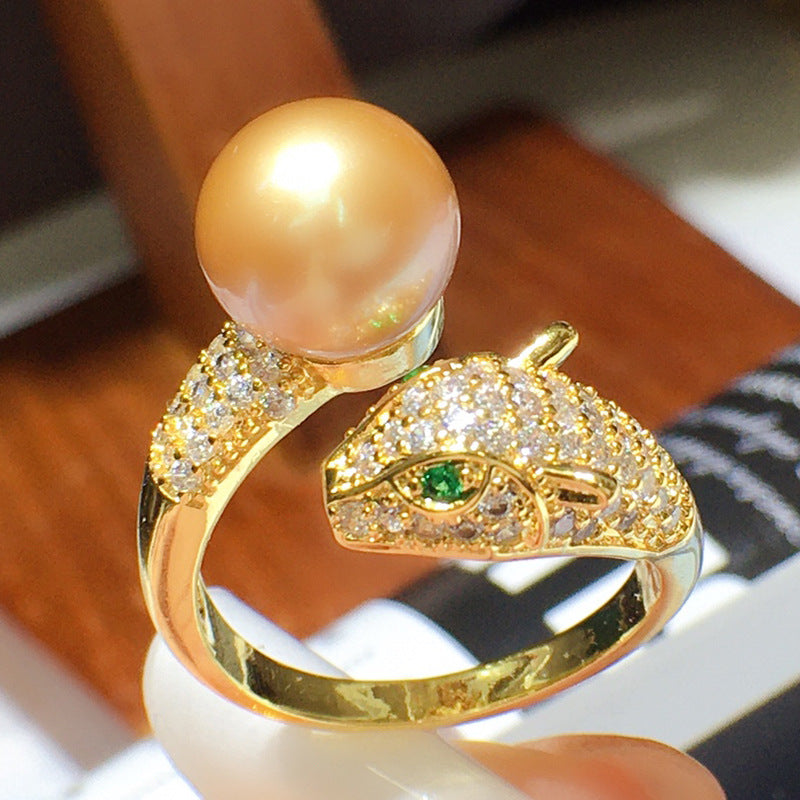 Leopard Freshwater Pearl Ring AAA Pearl Adjustable Ring in 14K Gold Over Sterling Silver
