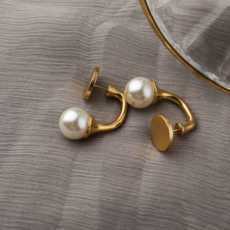 Elegant White Round Pearl Earring Jackets with Gold Studs and Silver Pin