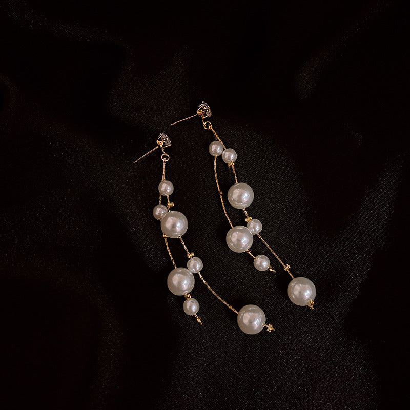 Long Pearl Dangle Earrings Diamond Stud with Pearl Tassel Drop Earrings with Silver Pin
