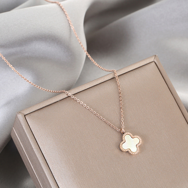 Four Leaf Clover Moonstone Mother of Pearl Necklace with 14K Gold Plated Chain
