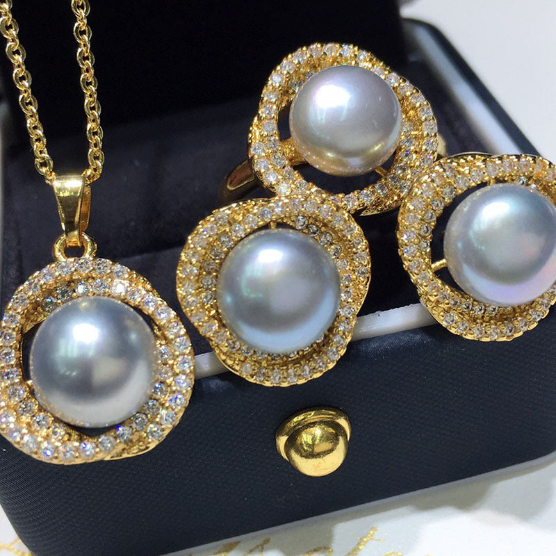 Gray Pearl Jewelry Set | Real Pearl Earrings Ring and Pendant | AAA Pearl Diamond Set for Women White Gold and Gold Plated Clasp