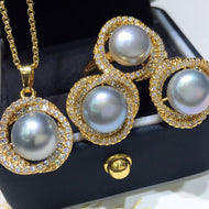 Gray Pearl Jewelry Set | Real Pearl Earrings Ring and Pendant | AAA Pearl Diamond Set for Women White Gold and Gold Plated Clasp