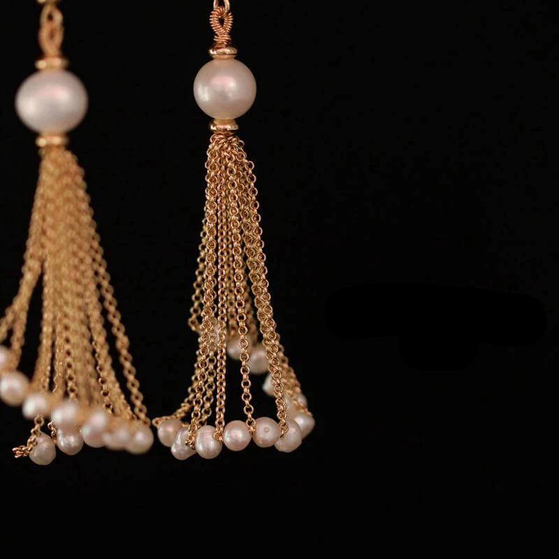 Freshwater Cultured Pearl Drop Earrings Long Pearl Dassel Earrings in 14K Gold Over Sterling Silver Clasp