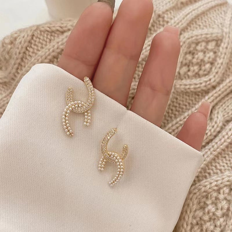 14K Gold Plated Crystal Earrings Studs with Pearl Drop Designer Double C Earrings Silver Pin