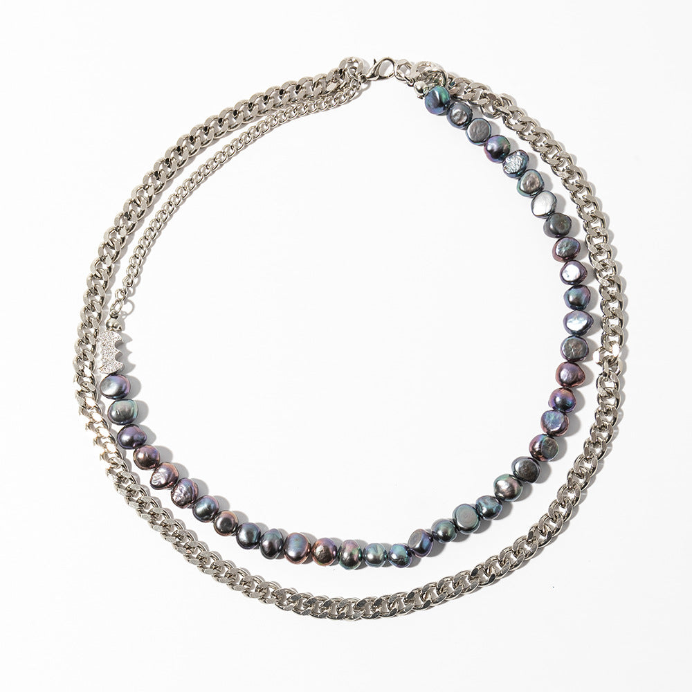 Mens Silver Cuban Link Chain | Black Baroque Pearl Cuban Link Necklace in Stainless Steel (8 mm)