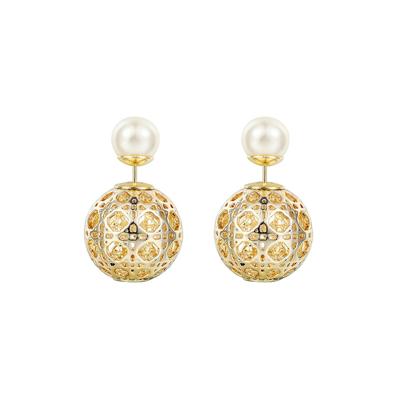 Hollow Sphere Round Pearl Stud Earrings for Women in 14K Gold Over Sterling Silver(7mm)