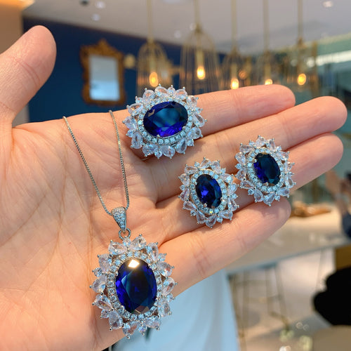 Blue Crystal Jewelry Set December Brithstone | Sapphire Earrings Sapphire Pendant Sapphire Ring | Crystal Diamond Jewelry Set in White Gold Plated