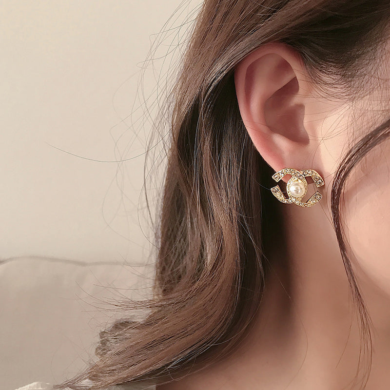 Pearl and Diamond Earrings | Gold Plated Stud Earrings | CC Pearl Earrings