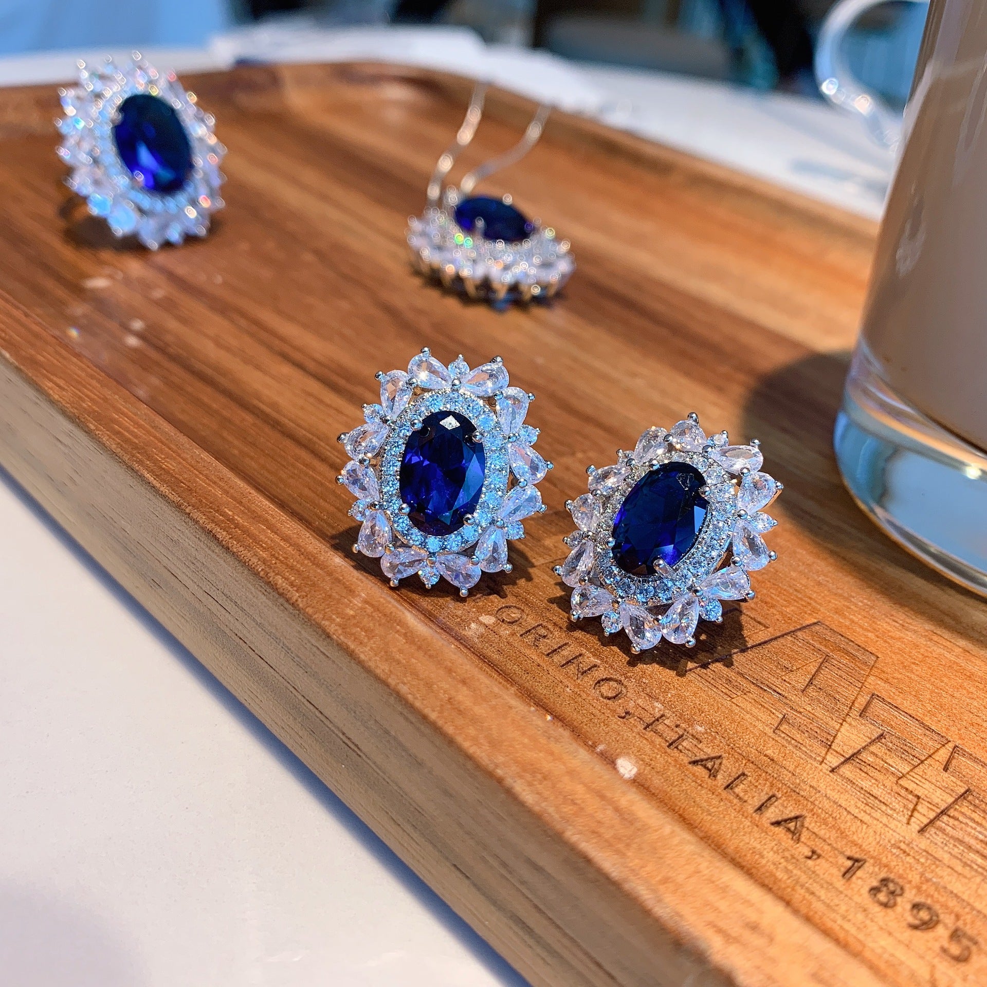 Blue Crystal Jewelry Set December Brithstone | Sapphire Earrings Sapphire Pendant Sapphire Ring | Crystal Diamond Jewelry Set in White Gold Plated