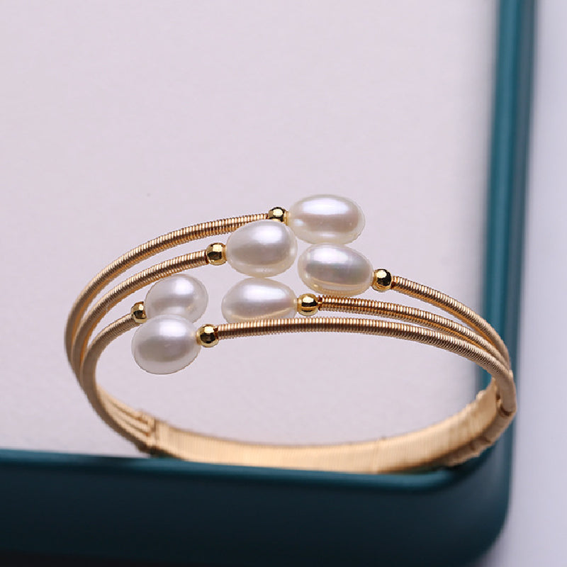 Cultured Freshwater Pearl Bangle Bracelet in 14k Gold Over Sterling Silver 7