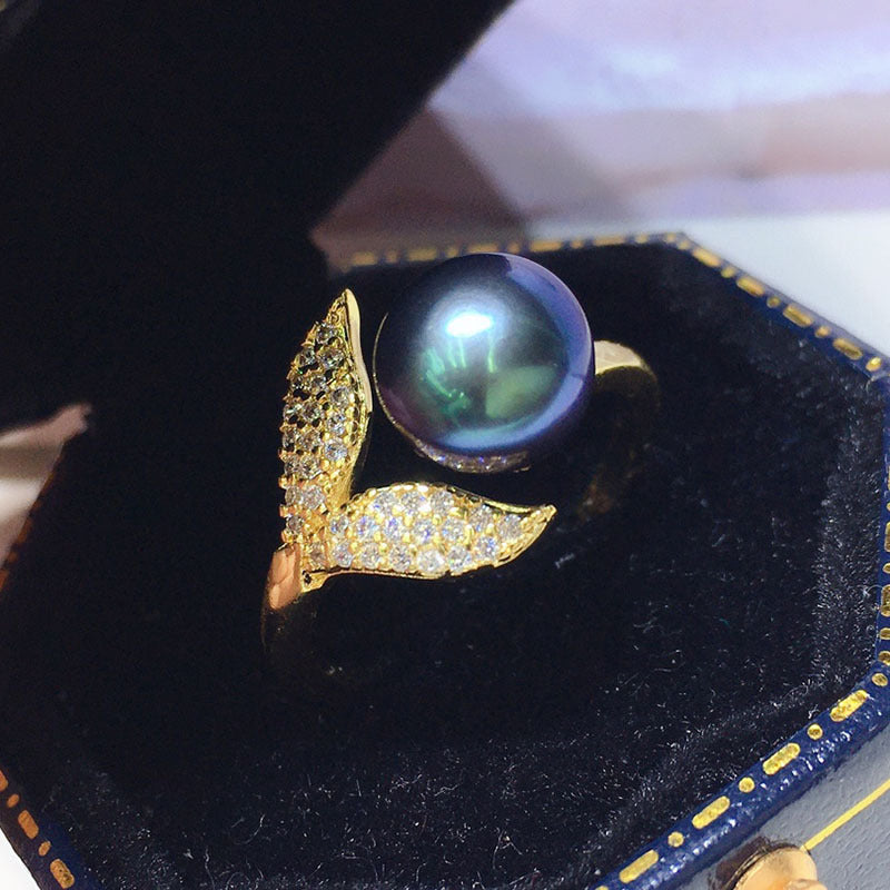 8-9mm Fishtail Style Black Freshwater Pearl Adjustable Size Ring in 14K Gold Over Sterling Silver