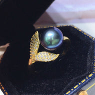 8-9mm Fishtail Style Black Freshwater Pearl Adjustable Size Ring in 14K Gold Over Sterling Silver