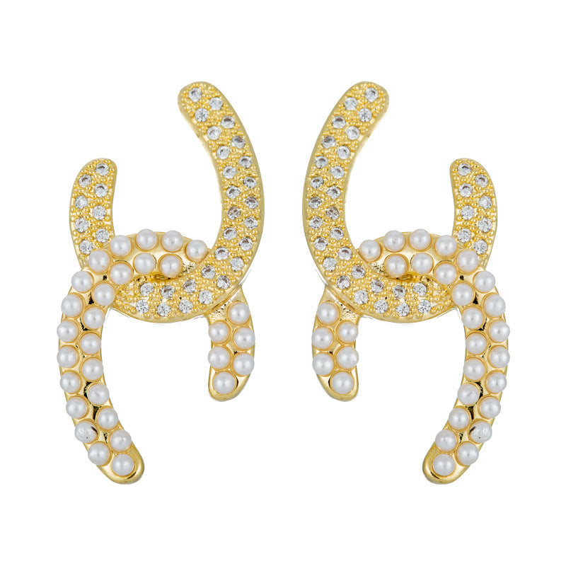 14K Gold Two C Earrings Artificial Crystal Designer Jewelry