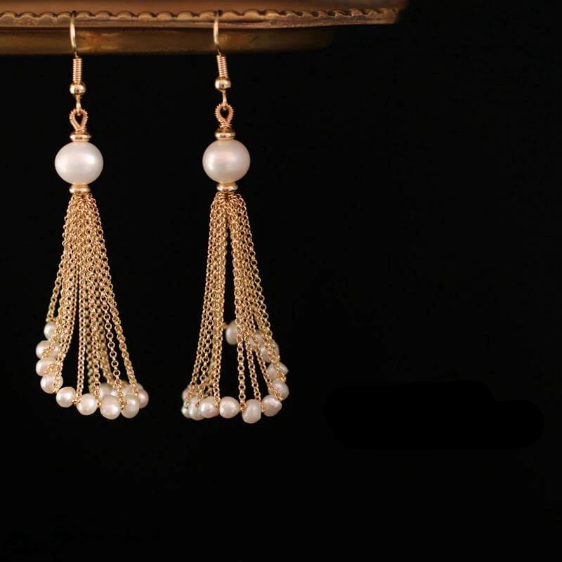 Freshwater Cultured Pearl Drop Earrings Long Pearl Dassel Earrings in 14K Gold Over Sterling Silver Clasp