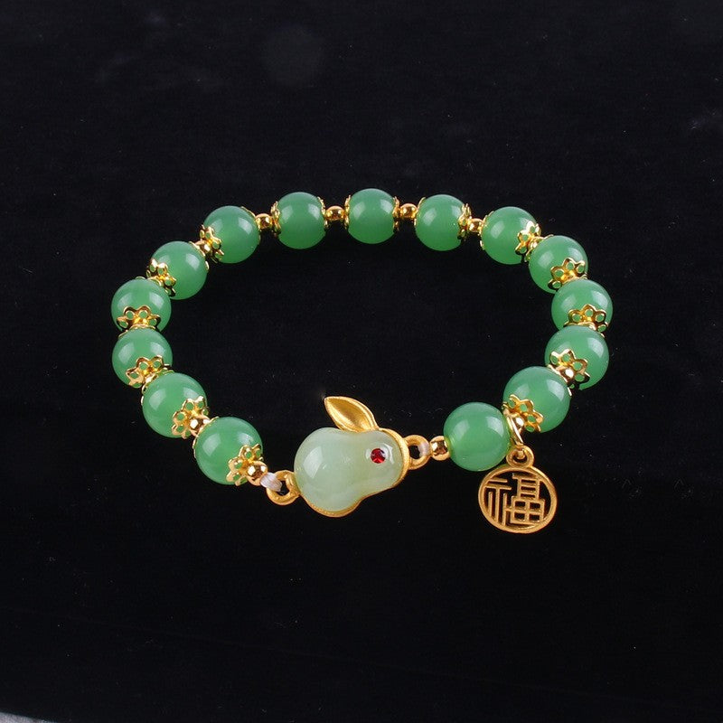 8MM Jade Rabbit Bracelet | Elestic Bracelet with 14K Plated Golden Floral Edges | Lucky Year of the Rabbit Jewelry