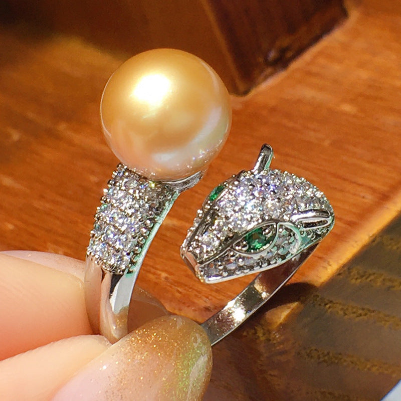 Leopard Freshwater Pearl Ring AAA Pearl Adjustable Ring in 14K Gold Over Sterling Silver