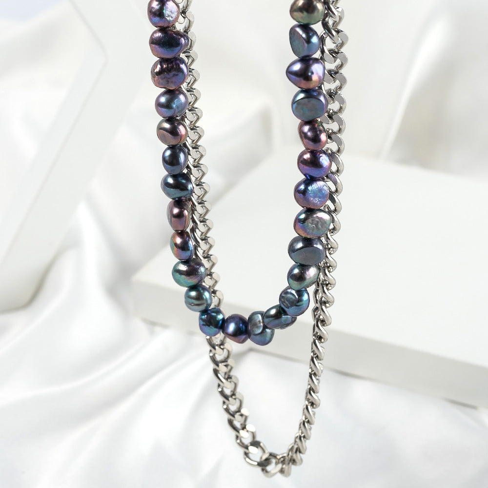 Mens Silver Cuban Link Chain | Black Baroque Pearl Cuban Link Necklace in Stainless Steel (8 mm)