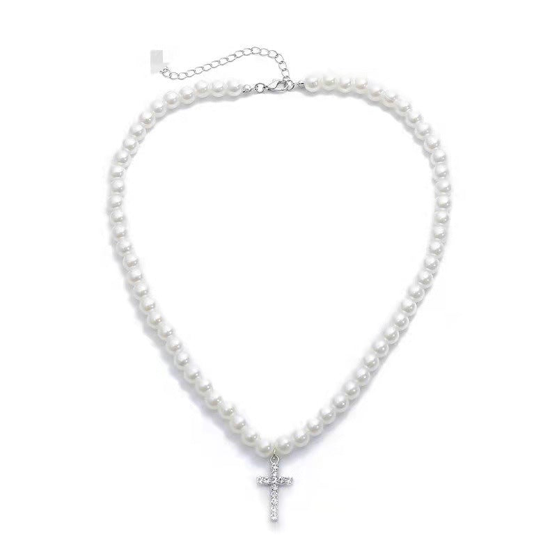Big Pearl Silver Cross Necklace | Pearl Necklace with Diamond Cross Pendant for Men and Women