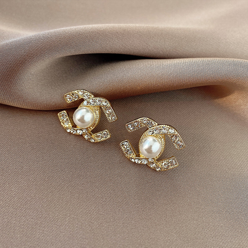 Pearl and Diamond Earrings | Gold Plated Stud Earrings | CC Pearl Earrings