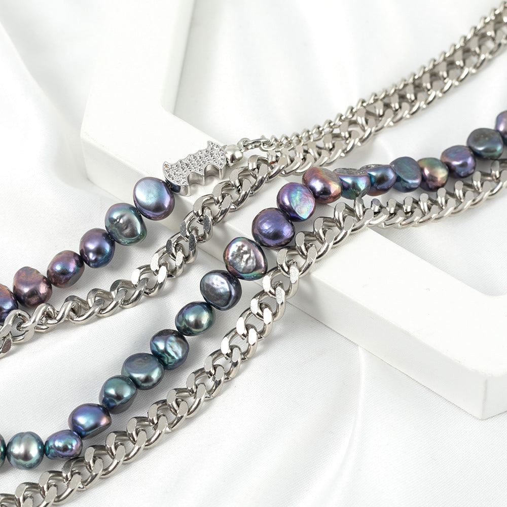 Mens Silver Cuban Link Chain | Black Baroque Pearl Cuban Link Necklace in Stainless Steel (8 mm)