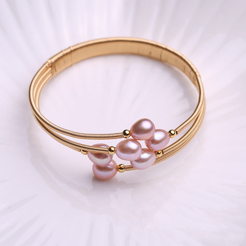 Cultured Freshwater Pearl Bangle Bracelet in 14k Gold Over Sterling Silver 7