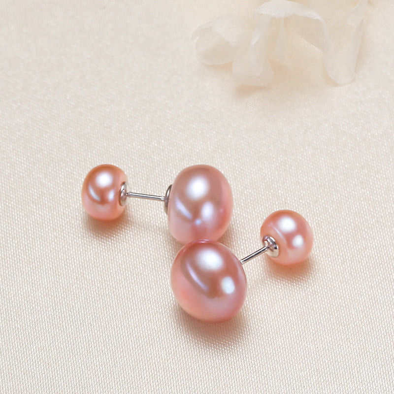 Freshwater AAA 2-Pearl Design Cultured Real Pearl Stud Earrings in Sterling Silver(7-10mm)Huge Tomato