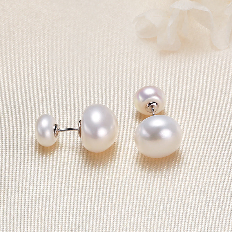 Freshwater AAA 2-Pearl Design Cultured Real Pearl Stud Earrings in Sterling Silver(7-10mm)Huge Tomato
