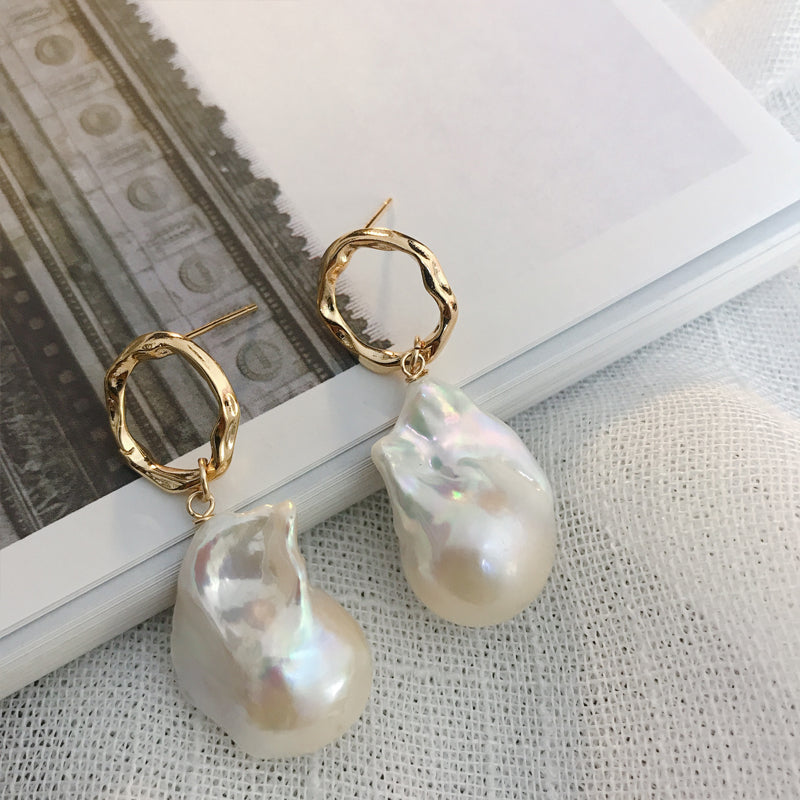 13-16mm AAA Big Baroque Pearl Earrings Saltwater Real Pearl Drop Earrings with Gold Clasp White Pearl Wedding Earrings