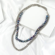 Mens Silver Cuban Link Chain | Black Baroque Pearl Cuban Link Necklace in Stainless Steel (8 mm)