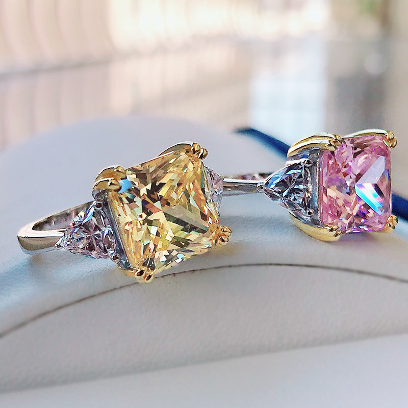 Princess Cut Three-Stone Yellow and Pink Lab Grown Diamond Engagement Ring 5.0 CTW with S925 Silver GH/VVS