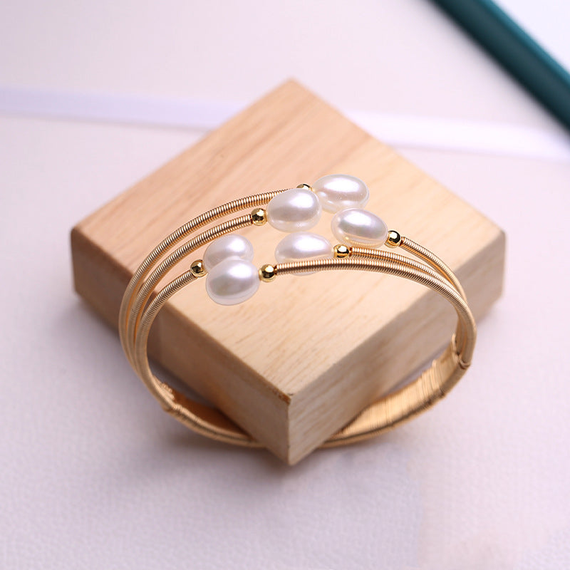 Cultured Freshwater Pearl Bangle Bracelet in 14k Gold Over Sterling Silver 7